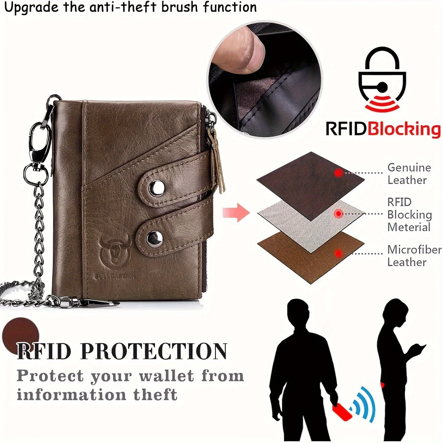 (image for) BULLCAPTAIN Genuine Leather Mens Wallet RFID Blocking Short Wallet with Chain Multifunction Card Holder Double Zipper Coin Purse Money Clip Compact Storage Bag Stylish